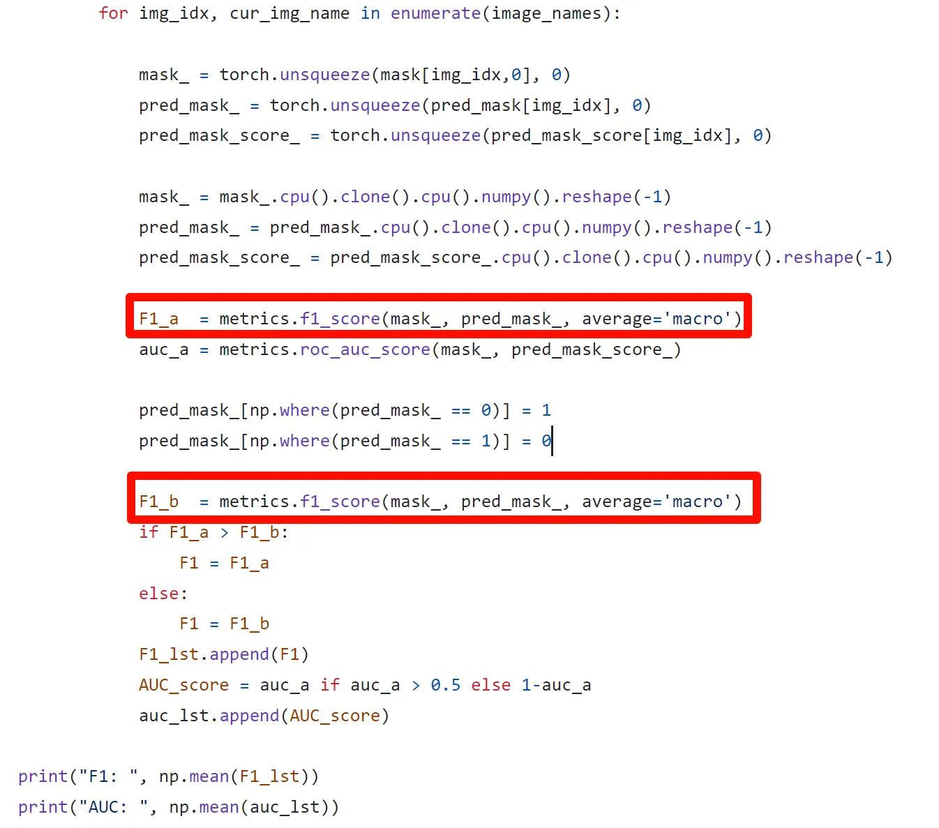 评估代码截图，其中两处 F1 计算使用了 average='macro'